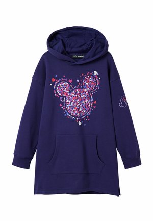 Marineblå hættetrøjekjole med frontlomme, der har et farverigt Mickey Mouse-hoved lavet af multifarvede hjerteformer samt et lille Mickey-ikon på ærmet.