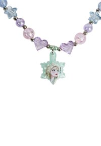 Collana di perline colorate con stelle blu, cuori viola e perline rosa trasparenti. Presenta un ciondolo centrale a forma di fiocco di neve con un'illustrazione di un personaggio.