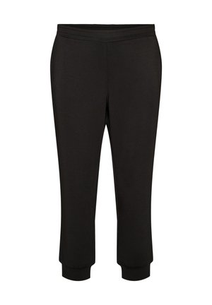 Schwarze kurze Jogginghosen mit elastischem Bund und Bündchen an den Knöcheln, vor weißem Hintergrund dargestellt.