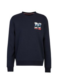Navy Sweatshirt aus Baumwolle mit langen Ärmeln, rundem Ausschnitt und gerippten Bündchen. Verfügt über ein besticktes Berg- und Schriftzugdesign.