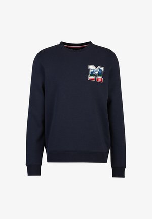 Navy Sweatshirt aus Baumwolle mit langen Ärmeln, rundem Ausschnitt und gerippten Bündchen. Verfügt über ein besticktes Berg- und Schriftzugdesign.