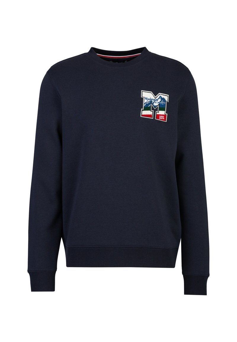 Navy Sweatshirt aus Baumwolle mit langen Ärmeln, rundem Ausschnitt und gerippten Bündchen. Verfügt über ein besticktes Berg- und Schriftzugdesign.