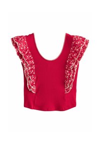 Haut ajusté rouge avec des manches à volants à motif floral et un décolleté en U. Texture lisse avec des coutures contrastées le long des bords.
