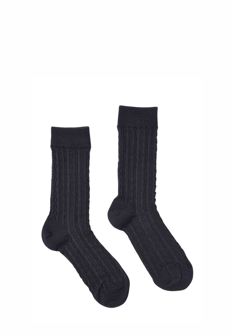 Calze di cotone nere con una texture a coste verticali e talloni rinforzati. Lunghezza a metà polpaccio con un orlo liscio, progettate per comfort e vestibilità.