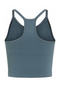 Teal athletic tank top with a ribbed texture, designed with a racerback and logo detail on the back. Made from stretchable material.