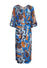 Robe à imprimé floral en bleu, orange et marron. Présente une coupe fluide, un col froncé et un lien à la taille. Tissu doux et léger.