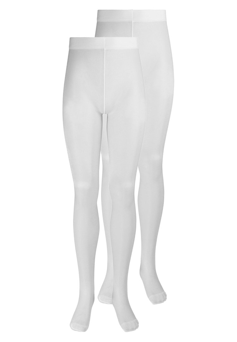 Collants blancs, fabriqués à partir d'un matériau lisse et extensible, dotés d'une taille élastique et d'un design sans coutures, adaptés pour être superposés ou portés seuls.