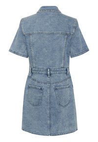 Sinine denim kleit lühemate varrukatega, kraedega disain, keha lähedal vöökoht ja kaks taga olevat taskut. Omab kergelt tuhmunud tekstuuri.