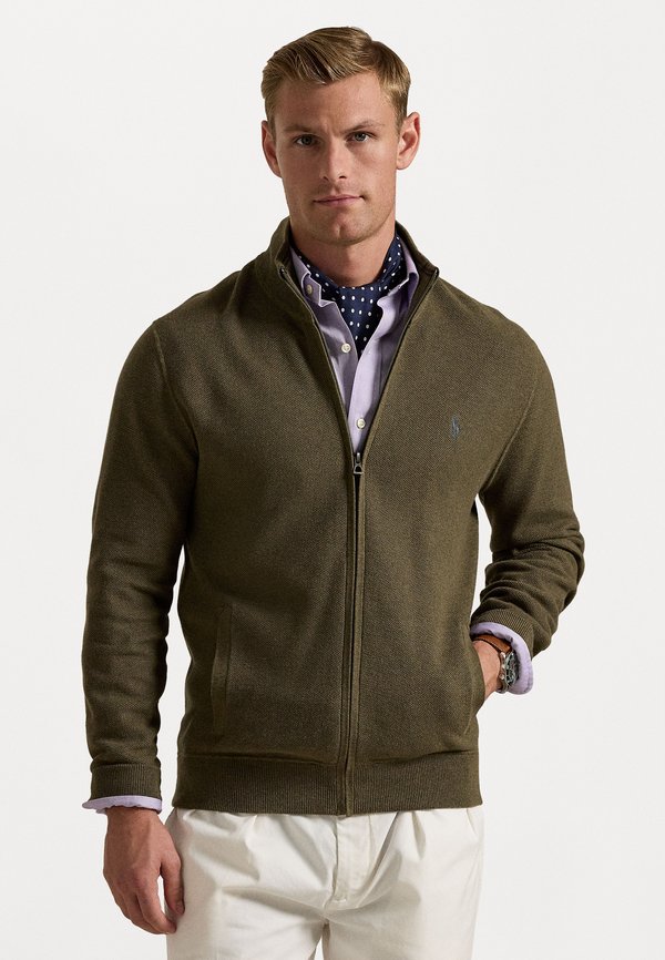 MESH KNIT COTTON FULL ZIP SWEATER - Cardigan - cargo olive heather
