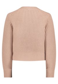 Lichtroze gebreide trui met een textuurpatroon, ronde halslijn en geribbelde zoom en manchetten. Heeft lange mouwen en een cropped ontwerp.