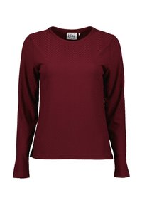 Bordeaux langemouw shirt met een gegolfd zigzagpatroon, ronde hals en zachte gebreide stof. Etiket zegt "blauw."