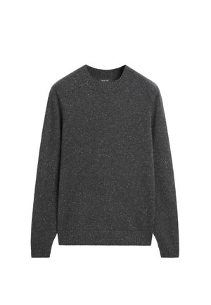 Dunkelgrauer Strickpullover mit langen Ärmeln, Rundhalsausschnitt und subtiler gesprenkelter Musterung. Weiche Textur und klassischer Schnitt, geeignet zum Layering.