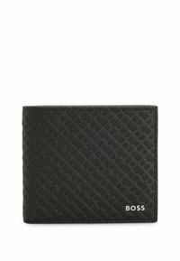 Czarny skórzany portfel z texturedów wzorem w diagonalne linie. Zawiera wytłoczone logo w kolorze srebrnym. Kompaktowy, składany projekt.