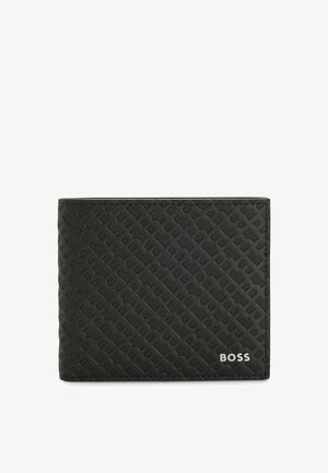 Portefeuille en cuir noir avec un motif diagonal texturé. Comprend un logo embossé en argent. Design compact et plié en deux.