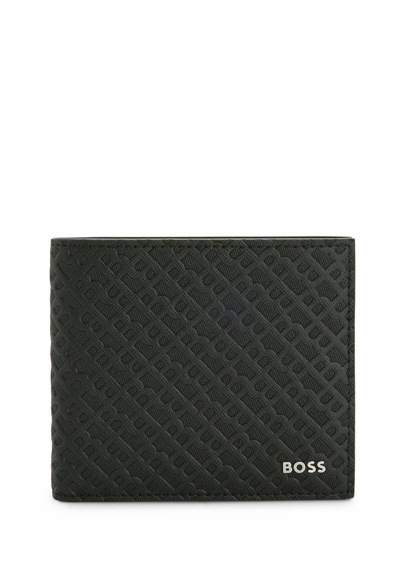 Czarny skórzany portfel z texturedów wzorem w diagonalne linie. Zawiera wytłoczone logo w kolorze srebrnym. Kompaktowy, składany projekt.