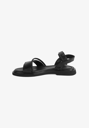 Black leather sandal with two wide straps across the foot and a slingback design; features a flat rubber sole and a smooth texture.