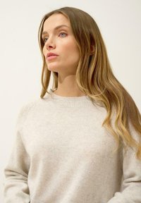 Jasnoszary sweter z okrągłym dekoltem, wykonany z miękkiego materiału, z rypsowanymi mankietami i dołem, o gładkiej fakturze.