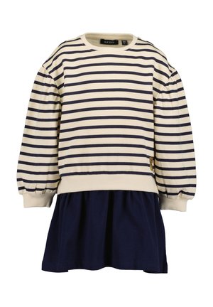 Børns kjole med lange ærmer med navy og hvide vandrette striber på toppen og en ensfarvet navy nederdel nedenunder med opsamlede ærmer.