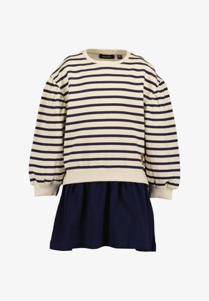 Børns kjole med lange ærmer med navy og hvide vandrette striber på toppen og en ensfarvet navy nederdel nedenunder med opsamlede ærmer.