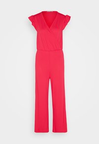 Red jumpsuit made of soft, stretchy fabric. Features a wrap front, short ruffled sleeves, and wide-leg design. Smooth texture overall.