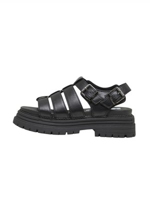 Zwarte leren sandalen met drie brede banden, een gewatteerde enkelsteun en een stevige rubberen zool met diepe profielen voor grip.