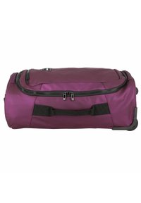 Borsa da viaggio viola con ruote, realizzata in tessuto resistente. Dotata di una cerniera nera, maniglia laterale e fondo liscio per una facile mobilità.