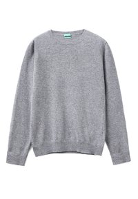 Světle šedý dlouhý rukáv svetr s kulatým výstřihem a pružnými lemy, vystavený na bílém pozadí.