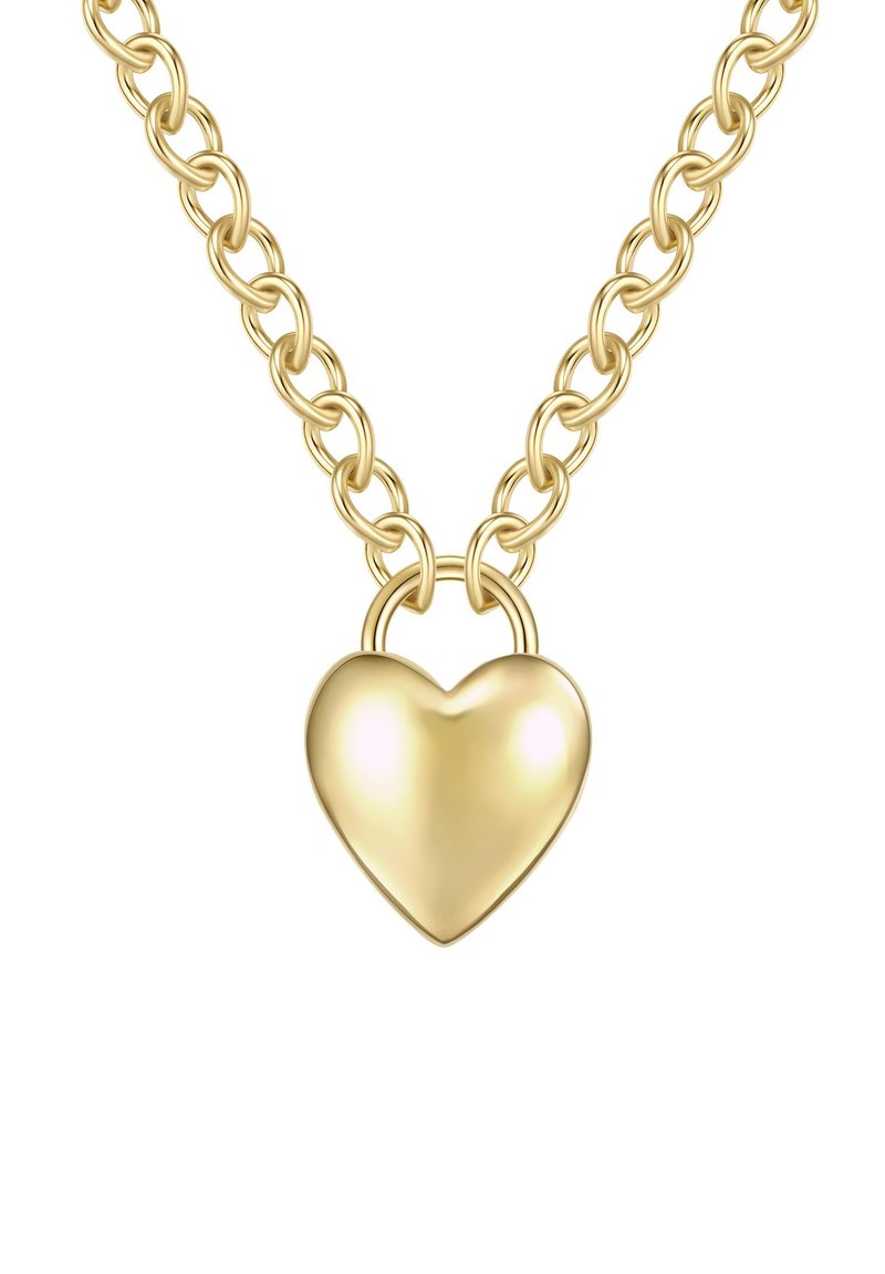 Zelta ķēdes kaklarota ar pulētu sirds formas piekariņu. Sirds ir gluda ar spīdīgu apdari, pievienota caur apaļu savienojuma gredzenu.