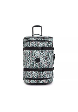 Rolling suitcase with a multi-color patterned fabric, black zippers and straps, a telescopic handle, and a round logo patch in the center.