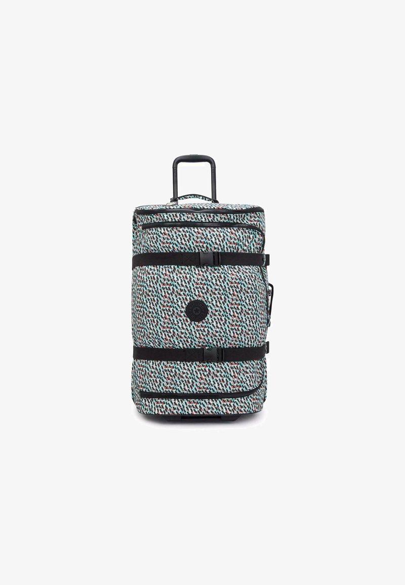 Rolling suitcase with a multi-color patterned fabric, black zippers and straps, a telescopic handle, and a round logo patch in the center.
