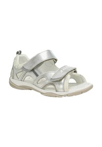 Sandali argento con cinturini regolabili in Velcro, design aperto, materiale sintetico texturizzato e soletta imbottita per il comfort.