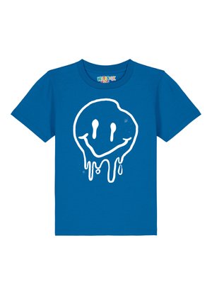 Blaues Baumwoll-T-Shirt mit einem großen weißen lächelnden Gesicht, das von oben nach unten tropft, auf der Vorderseite. Kurze Ärmel und runder Ausschnitt.