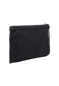 Czarny siatkowy worek na zamek błyskawiczny o prostokątnym kształcie, z teksturowanym materiałem i wzmocnionymi brzegami. Lekka i oddychająca konstrukcja.