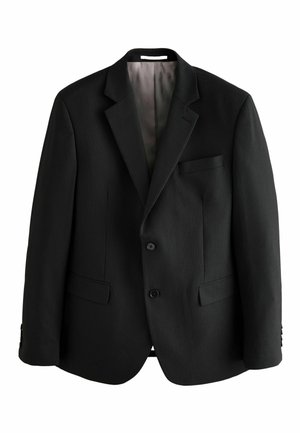 Sacou negru cu dungi, cu rever în formă de notch, două butoane și două buzunare frontale. Interior căptușit, țesătură texturată, design clasic de croitorie.