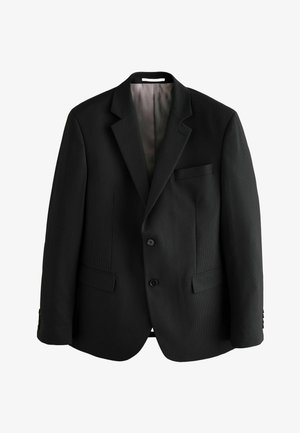 Czarna marynarka w prążki z wyłogami, na dwa guziki i dwoma kieszeniami z przodu. Podszewka, teksturowany materiał, klasyczny krój.