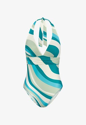 Ein einteiliger Badeanzug mit Halterneck-Bindung, welligen türkisgrünen Mustern, einer figurbetonten Passform und weicher Stoffstruktur.
