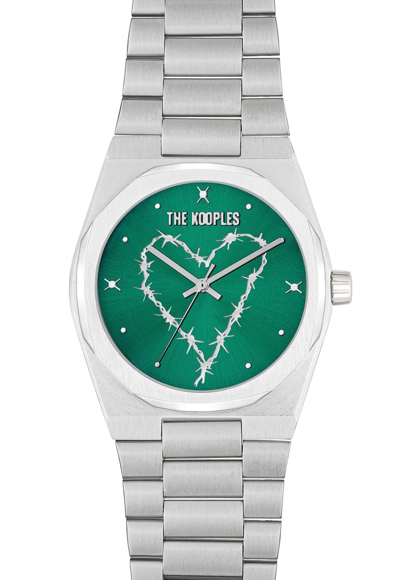 Silver stainless steel watch with an octagonal case and green dial featuring a white thorn-like heart design and silver hands.