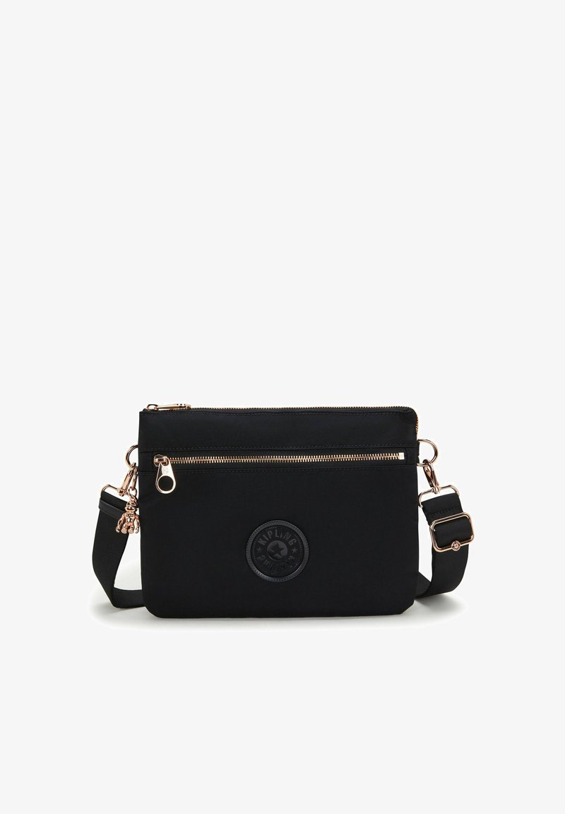 Borsa a tracolla nera in nylon con zip nella parte superiore, logo in rilievo e dettagli in ottone rosa. Presenta una tracolla regolabile.