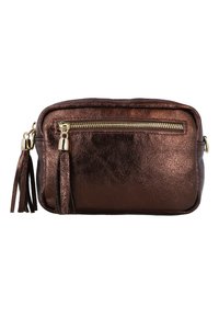 Metalna smeđa umjetna kožna torba s patentnim zatvaračem, zlatnim patentnim zatvaračem i dvije dekorativne resice sa strane. Pravokutnog oblika, glatke teksture.