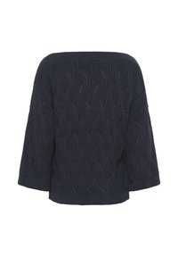 Marineblauer Strickpullover mit wellenförmigem Muster und weitem U-Boot-Ausschnitt. Dreiviertelärmel und gerippte Bündchen sorgen für eine bequeme Passform.