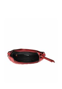 Borsa a spalla rossa in pelle con chiusura a zip, dotata di una tasca interna e rivestimento nero liscio. L'esterno presenta un motivo testurizzato e una tracolla.