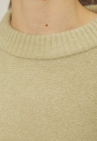 Ljusbeige stickad tröja med ribbad rundhals. Texturen är mjuk och något tovig, med ett diskret, enhetligt mönster.