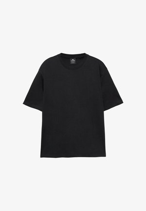 Sort T-shirt med korte ærmer og rund hals, afslappet pasform, vist fladt på en hvid baggrund.