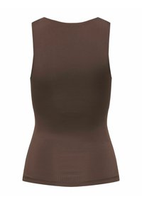 Bruine mouwloze top met een getailleerd ontwerp, gemaakt van een gladde stof. Heeft een ronde hals en een naadloze achterkant voor een strakke silhouet.