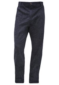 Dark blue, textured trousers with a straight leg design, featuring a front button closure and subtle speckled pattern.