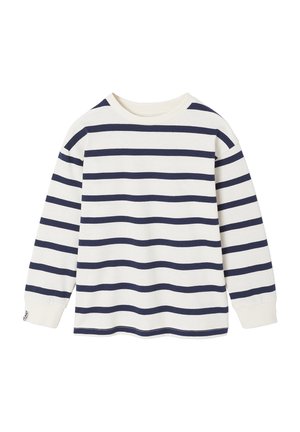 White long-sleeve shirt with horizontal navy blue stripes and a round neckline, shown flat on a white background.