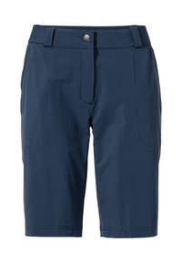 Shorts bleu marine en tissu léger, avec une taille plate, un bouton à l'avant, deux poches latérales et des accents cousus.
