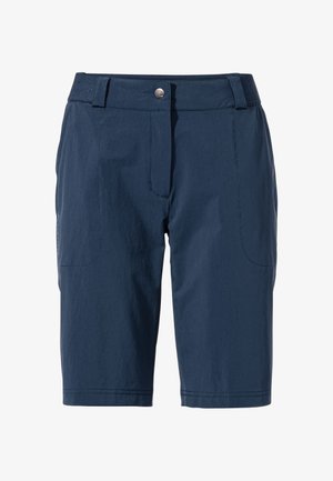 Shorts blu navy realizzati in tessuto leggero, dotati di una vita piatta, bottone frontale, due tasche laterali e dettagli cuciti.