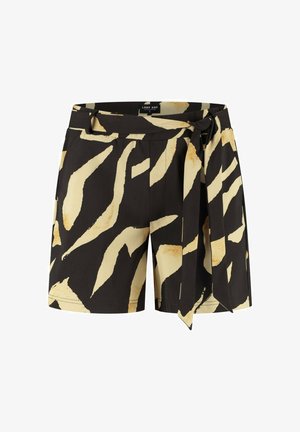 Zwarte shorts met een beige abstract penseelstrekenpatroon en een bijpassende stoffen riem gestrikt in een strik in de taille.