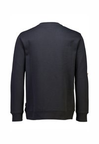 Sudadera negra de mezcla de algodón, con mangas largas, cuello redondo, puños y dobladillo acanalados. Textura suave con detalles de diseño mínimos.